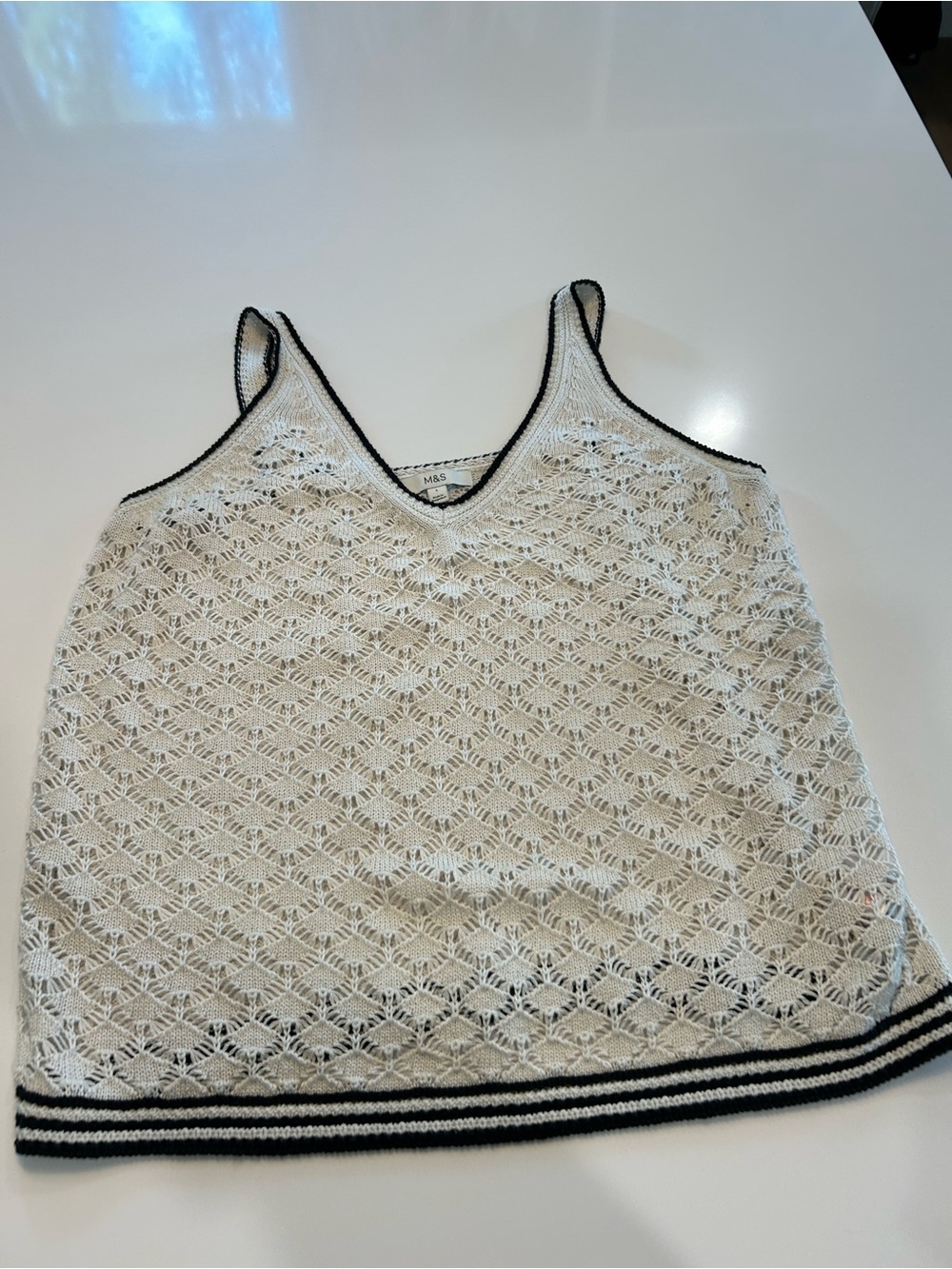 Cream Knit V-Neck Tank with Black Trim